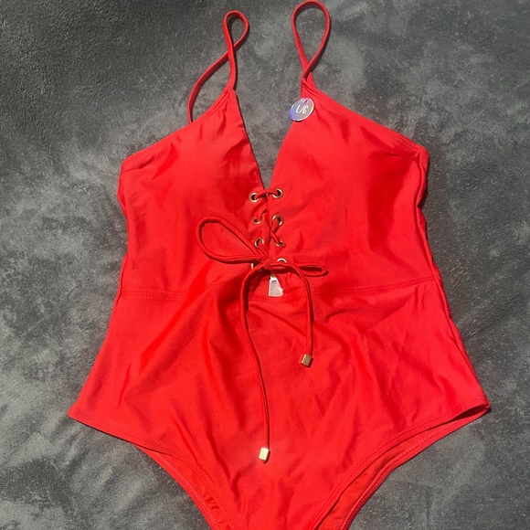 NWT - Red One Piece Bathing Suit with Tie Up Front - Picture 1 of 3